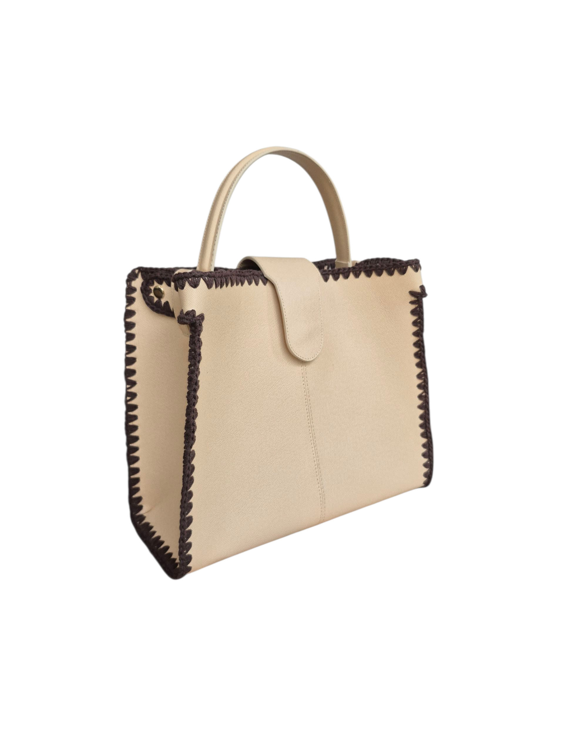 Jana Deri Omuz Çantası- Krem / Kahverengi İp İşleme - Görsel 4